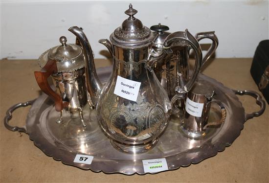A plated two handled tray, a teapot and 3 other pieces (5)